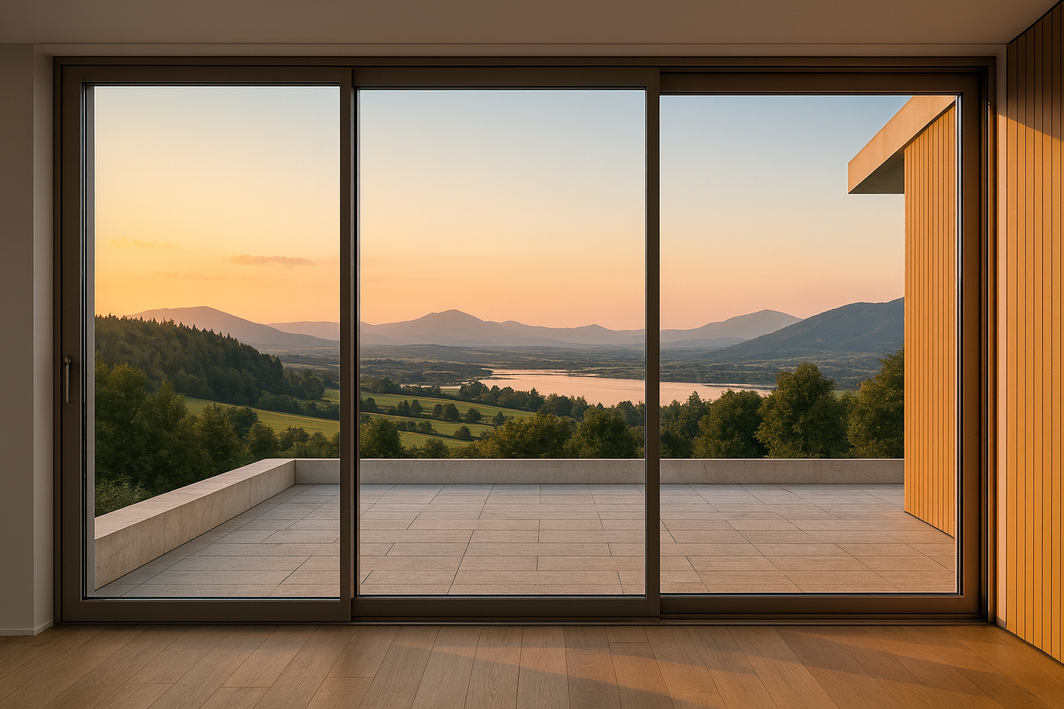 Weite Terrassenfront mit bodentiefen PVC-Fenstern und 3-fach-Verglasung – helle, moderne Aussicht ins Grüne